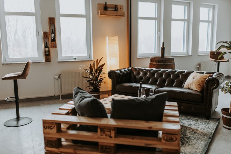 Ledercouch und Palettenmöbel und Pflanzen